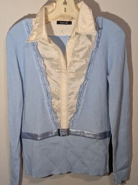 Dolce Cabo Light Blue Lace-Trim Knit Jacket with Ivory Ruffle Placket